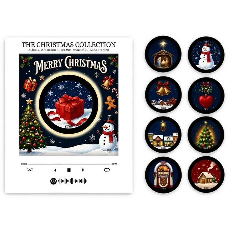 Christmas Vinyl Fridge Magnet Music Player - Includes 9 vinyl records, mini record player, NFC records, Christmas gift.