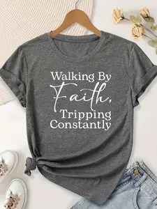 Walking By Faith Tripping Constantly Humorous Christian Graphic T-Shirt - Casual Faith-Based Tee