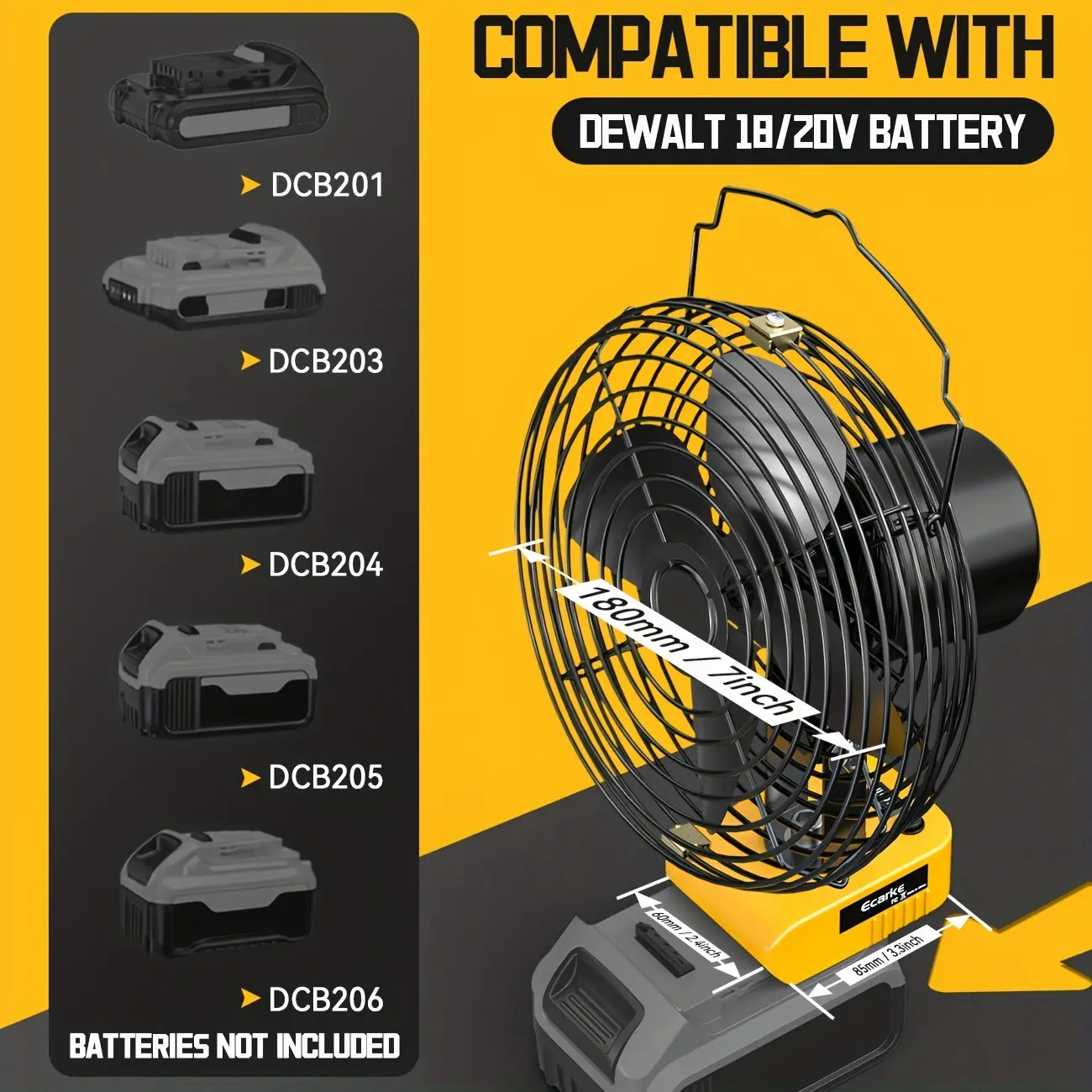 Ecarke Portable Fan for Dewalt 20V Battery, Cordless Jobsite Battery Powered FanWith USB-C Power Bank & Low Voltage Protection, Heavy Duty Rechargeable Shop Fan for Garage, Workshop, Construction Site & Outdoors (No Battery)