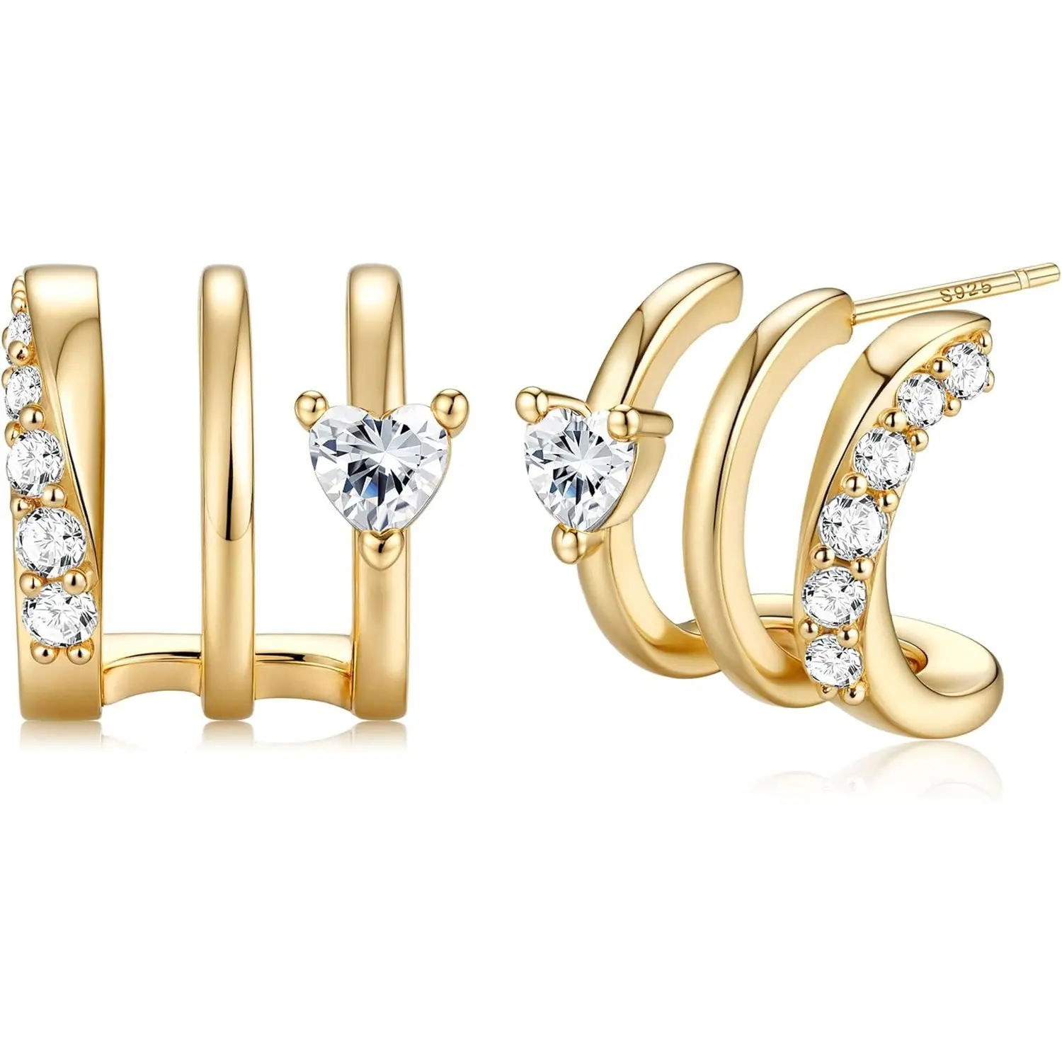 MILACOLATO S925 Sterling Silver Earrings Hypoallergenic 14K Plated Gold Triple Hoop Huggie Illusion Stud Earrings for Women Trendy Multi Hoops Claw Earrings for One Hole Lightweight Jewelry Gift, Earring For Women, Adjustable