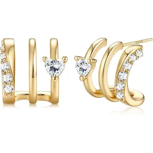 MILACOLATO S925 Sterling Silver Earrings Hypoallergenic 14K Plated Gold Triple Hoop Huggie Illusion Stud Earrings for Women Trendy Multi Hoops Claw Earrings for One Hole Lightweight Jewelry Gift