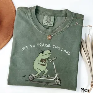Comfort Colors Christian T-Shirt, Unisex Garment-Dyed Tee, Funny Frog Off To Praise The Lord, Bible Study Shirt, Jesus Church Faith Humor,