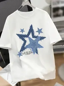 Men's Loose Fit Graphic Print T-Shirt, Star Patchwork Design, Summer Casual Breathable Short Sleeve Top, Fashion Round Neck Streetwear, Menswear