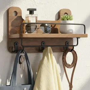 Key Holder for Wall with Shelf - 5.1" Deep Large Mail Organizer Wall Mount with 3 Heavy-Duty Dual Hooks & Safety Guardrail - Rustic Wood Wall Shelf for Entryway, Kitchen, Office