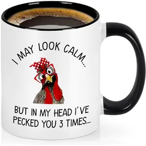 Fun Gifts For Ladies And Gentlemen, Fun Rooster Coffee Cup,I May Look Calm But In My Head I'Ve Pecked You Coffee Cup, Birthday And Christmas Gift For Chicken Lovers 11 Ounces