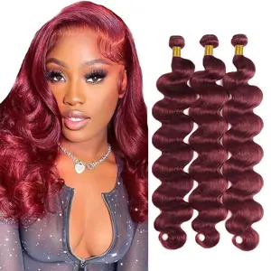 Gefily [14A] Budget-friendly Brazilian Hair Bundles 99J Dark Red Body Wave Human Hair Weave Extensions Shed-Free & Silky 16-30 Inch