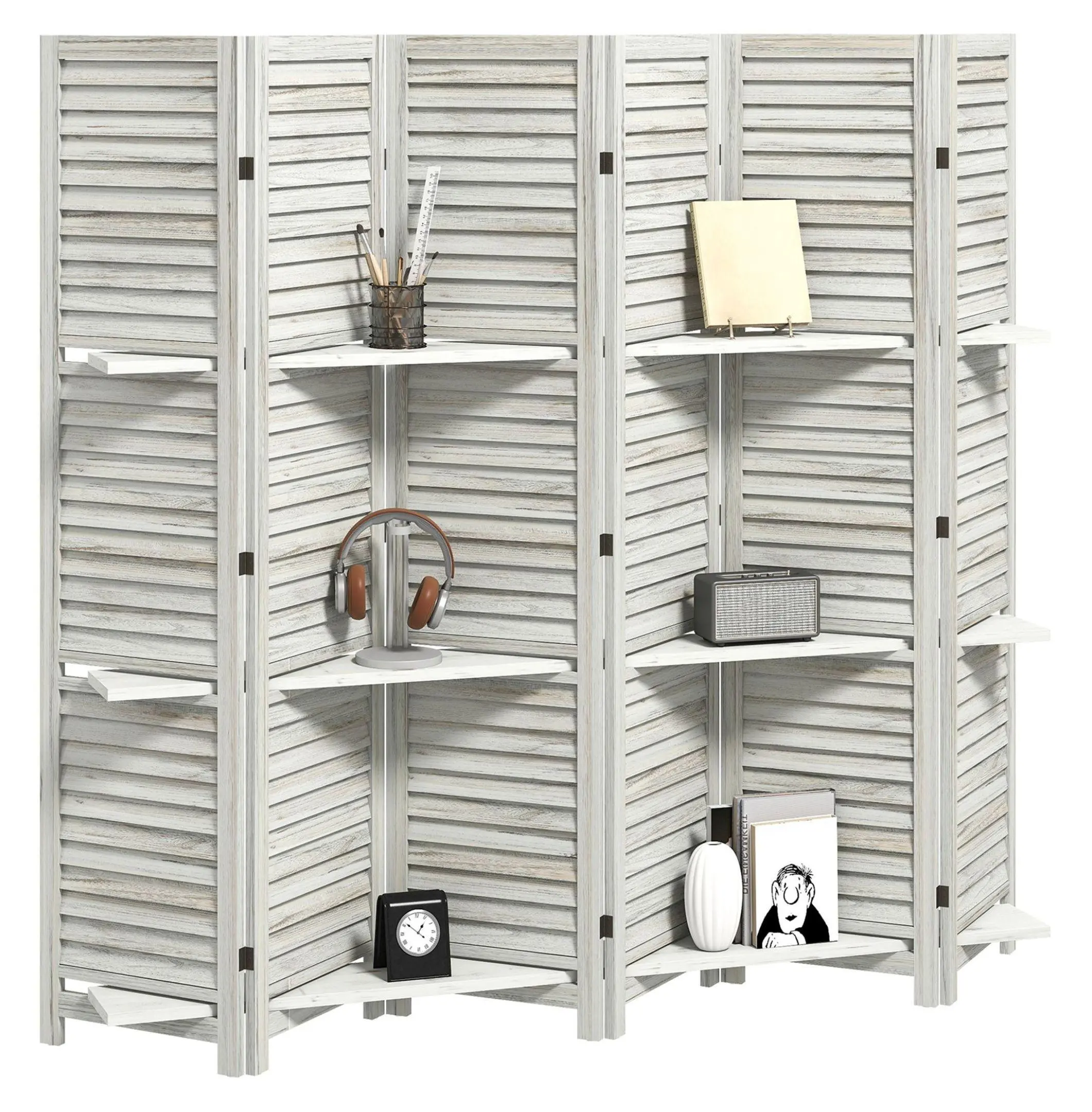 Wood Room Divider 67" Tall, 6 Panel Folding Privacy Screen with Shelves - White Paulownia Wood Room Partition for Bedroom, Office, Home Decor Default Title
