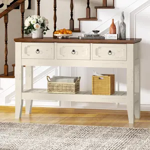 47" Console Table with 3 Drawers, Slim Entryway Sofa Table with Large Storage Shelf, Farmhouse Rustic Entryway Table with Bottom Shelf and Solid Wood Legs for Living Room, Hallway, Foyer, Easy Assembly