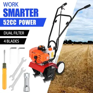 Explorinox Petrol Garden Tiller, 2-Stroke 52cc 3HP/1.65kW Fast Operation Cultivator, 9000RPM, 1.2L Fuel Tank, 6-in Working Depth, 7.9-in Tilling Width, Manganese Steel Plastic Rubber Garden Tool Accessory