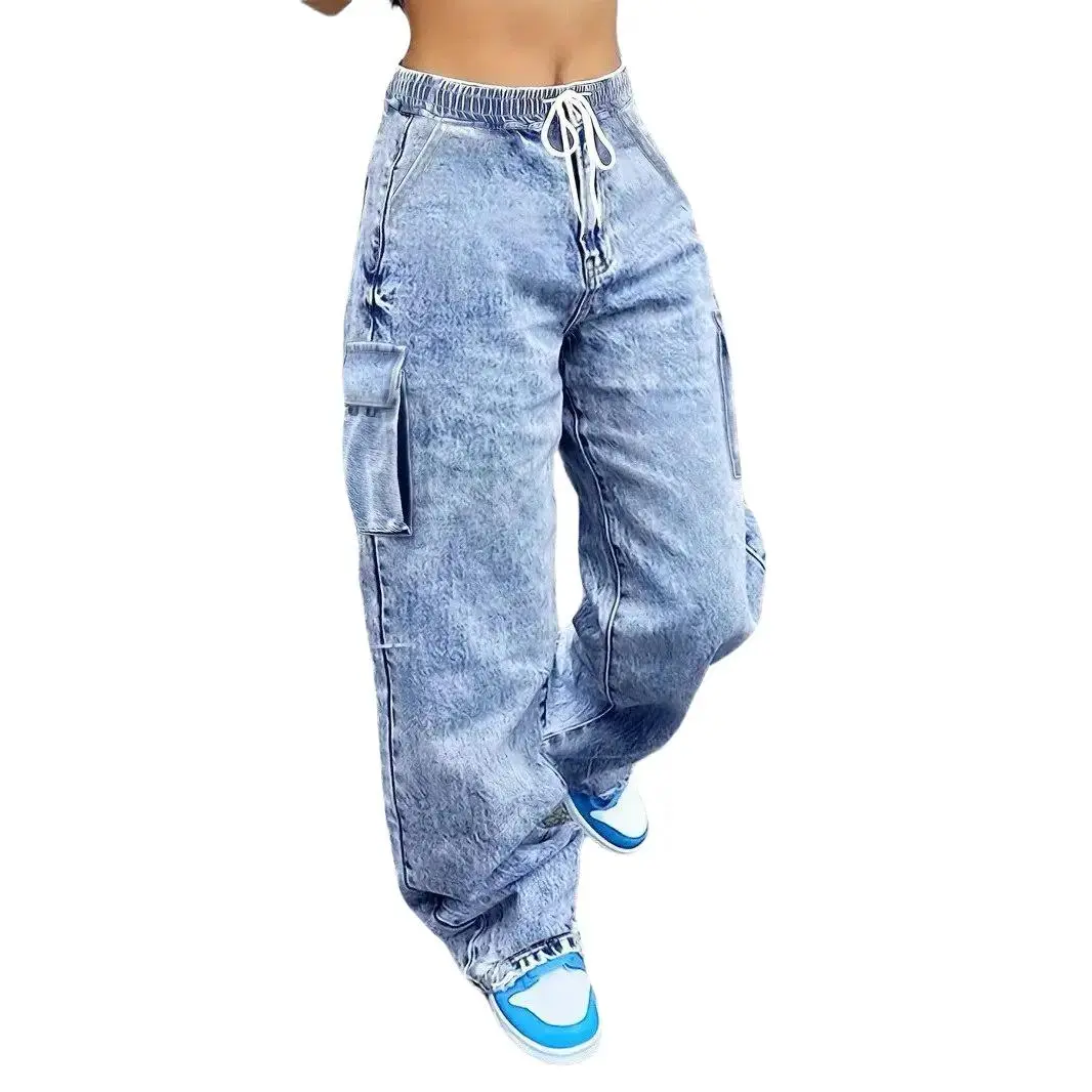 Women's Vintage Wide Leg Denim Trouser, Comfortable Workwear and Streetwear Fashion with an Elastic Drawstring Waist and Large Pockets, Girl, Everyday, Bottoms, Fit