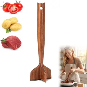 Wooden Meat Masher Chopper, Ground Beef Masher, Chicken Chopper, Ground Meat Chopper for Nonstick Cookware, Heat Resistant Potato Masher