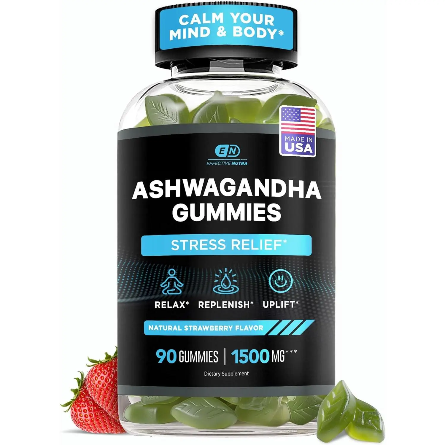 Extra Strength Ashwagandha Gummies 1500mg Stress and Sleep Support 45 Day Supply Vegan Non GMO Third Party Tested Made in USA Nutritional Health Supplements Energy Calm Relaxation Mood Balance Support 90 Count