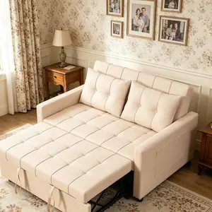 Sleeper Sofa with Pull-Out Bed Space Saving Furniture - Beige