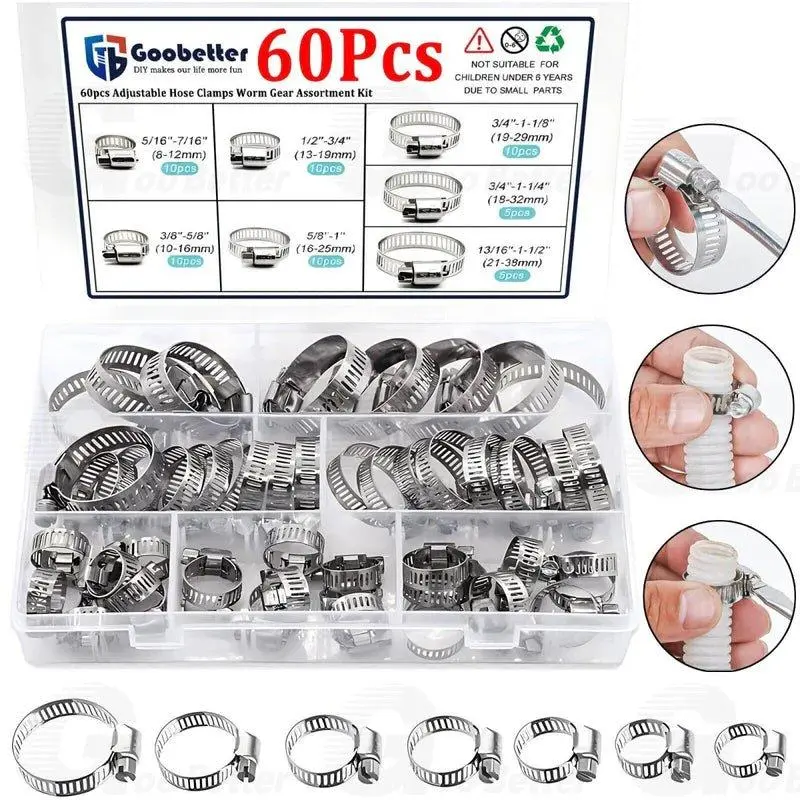 304 Stainless Steel Worm Gear Adjustable Hose Clamps Set - 60-Piece, 7-Size (10-16mm,16-25mm,21-38mm) for Automotive, Pumps, Plumbing Valves