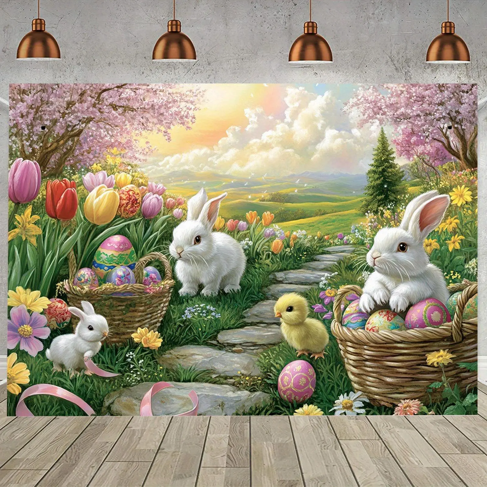 1pc Easter Bunny & Chick Photography Backdrop - Vibrant Spring Scene with Colorful Flowers, Bunnies, and Eggs - Perfect for Photo Shoots & Party Decor, Polyester Material, No Electricity Needed, Party Photo Prop | Springtime Scene Banners Ornaments, Easte