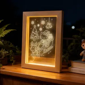 Christmas Vibes in a Frame!  Wooden Night Light with Hello Kitty Sleigh Design – Warm Glow for Bedroom & Home Decor