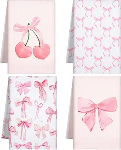4 Pcs Pink Bow Coquette Kitchen Towels Trendy Cute Pink Hand Towels Coquette Bow Gifts Preppy Microfiber Kitchen supplies for Hostess Housewarming, 18 x 26 in