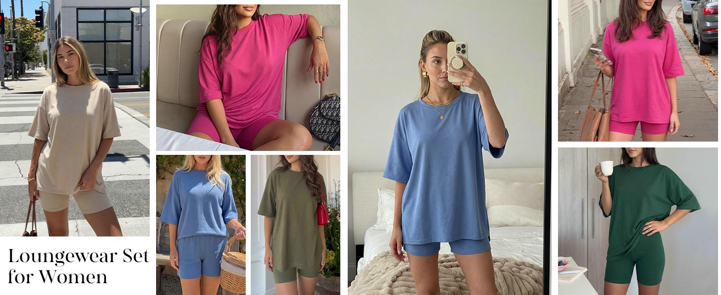 PRETTYGARDEN Crewneck Two-Piece Set For Women Summer Casual Oversized Split Hem Shirts & Side Pocket Biker Shorts Minimalist Lounge Wear Soft Viscose Fabric Comf#DealsForYouDaysy Homewear Cozy Pjs#Summervibes#SwimWeek