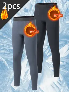 Men's Lined Thermal Compression Pants 2 PCS 4D Stretch Navy Blue Cold Weather Tights for Sports & Outdoor Activities Winter Running Gear with Thermal Lining and Compression Fit