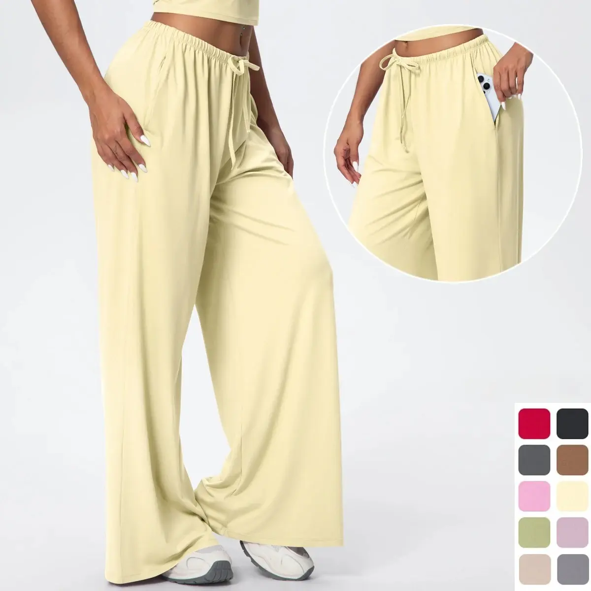 Women's High Waist Drop Waist Cotton Nylon Loose Wide Leg Pocketed Leg Sweatpants, Elastic Drawstring, Sporty Chic Casual Chic Outfits for Fitness Gym Workout