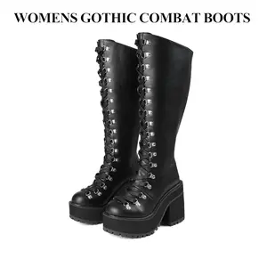 CYNLLIO Womens Knee High Platform Boots Zipper Lace Up Chunky Heel Wedge Round Toe Goth Motorcycle Punk Spring Combat Boots Valentine Gifts