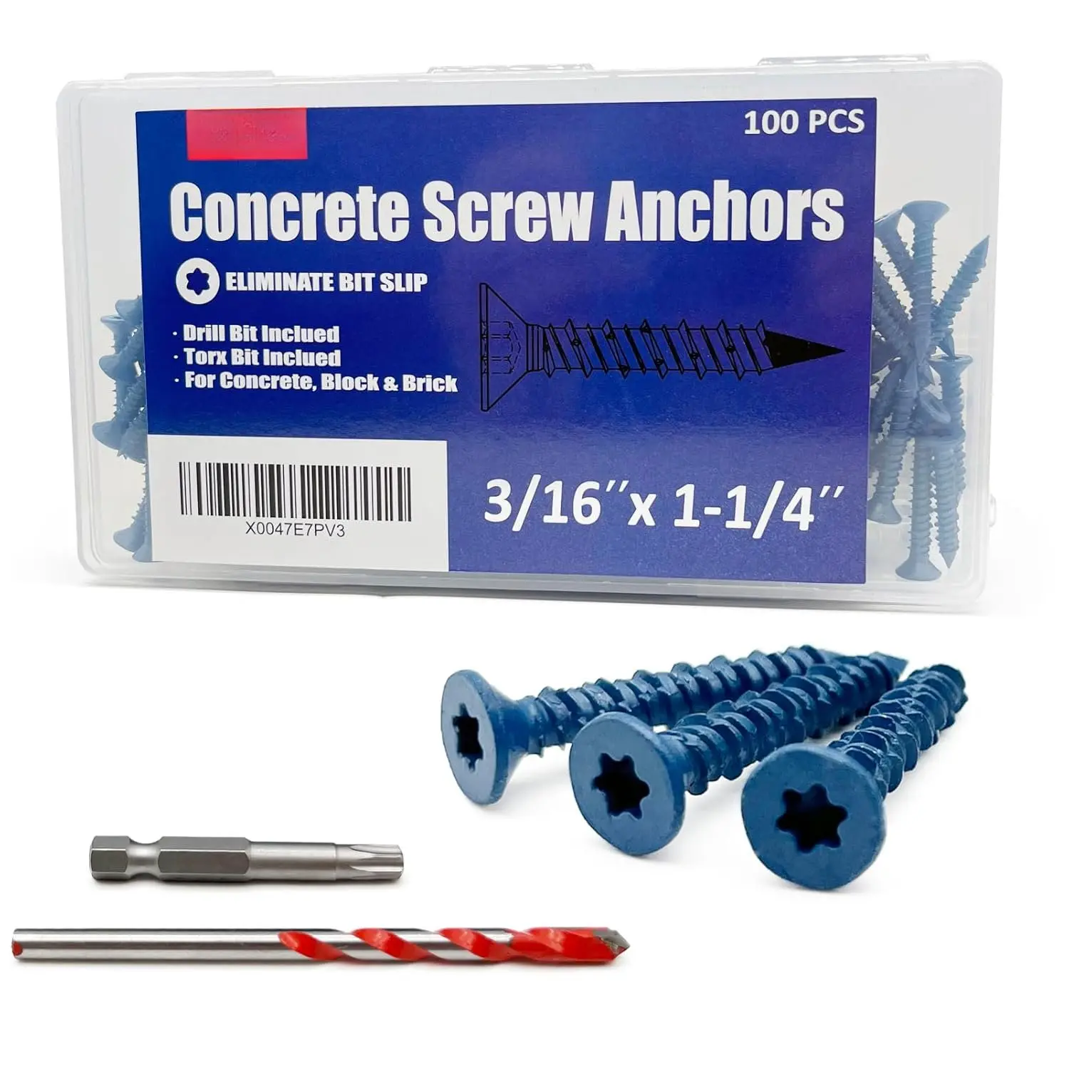 3/16" x 1-1/4" Concrete Screws, Anchoring to Masonry, Brick, Block, Cement or Stucco, 100 count