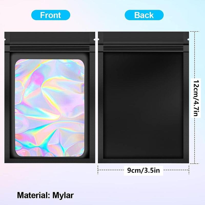 Mylar Holographic Bags 300 Pack with Clear Window Resealable Smell Proof Organiser Bags Zipper Foil Pouch for Samples Small Business Black 4x6 Inches - Aluminium