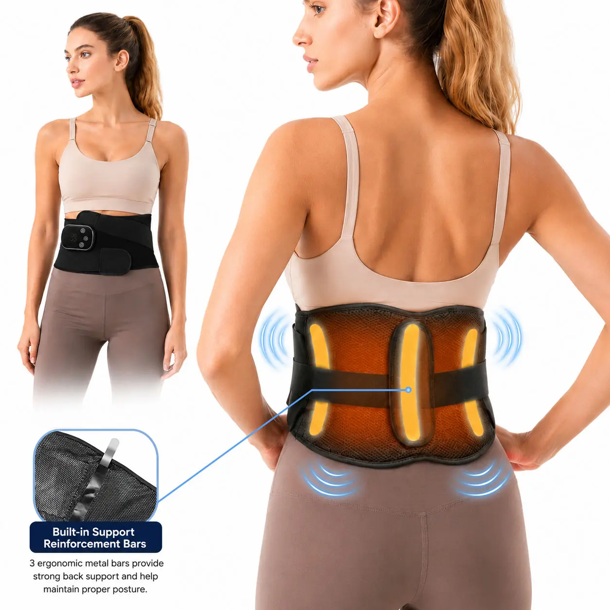 Cordless Heated Back Support Belt with 3 Heat Levels & 3 Vibration Modes, Rechargeable Waist Massager Wrap for Daily Comfort