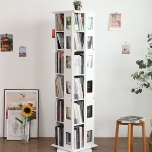 K KELBEL Solid Wood Rotating Bookshelf with Swivel Tray 4/6-Tier Design Square Rotating Bookcase 360-Degree Display Stand Rotating Bookshelf Tray Ideal for Small Spaces, Corners, Bedrooms, Kids' Rooms, Offices White