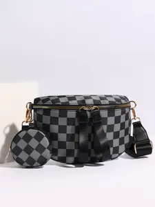 Autumn Winter Fashion Minimalist Plaid Print Round Mini Bag Charm Handbag Shoulder Bag, Crossbody Bag, Ideal for Daily Commutes & Shopping, Versatile Women's Accessory