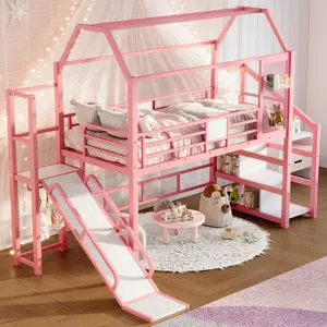 Bellemave Twin House Loft Bed with Slide and Stairs Metal Playhouse Bed with Storage Shelves House-shaped Roof Noise-free Design Pink Bedroom Set