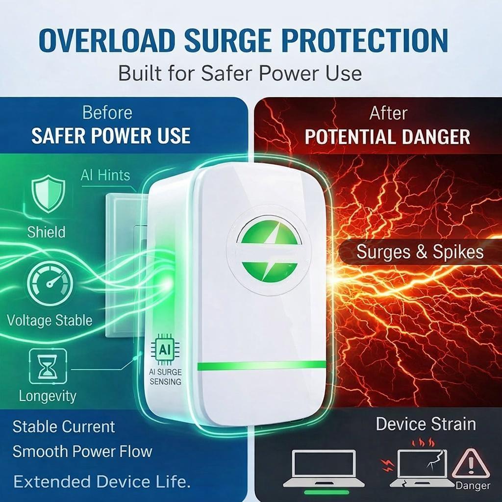 Smart plug, voltage optimization, surge protection, temperature-controlled socket, home/office, compact, plug and play.