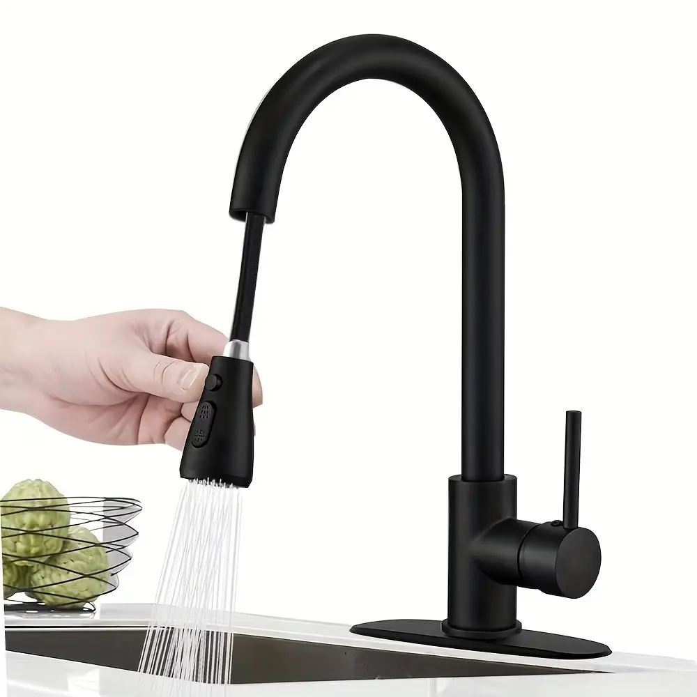 1pc Kitchen Faucet with Pull-Down Spray Single Handle High Arc Commercial Stainless Steel Brushed Nickel Kitchen Sink Faucet with Deck Plate, Suitable for Bar Laundry RV Farmhouse (Matte Black And Brushed Nickel And Chrome And Brushed Golden)