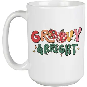 Groovy & Bright with Christmas Balls, Retro Wavy Text Art Merch Gift, White 15oz Ceramic Mug