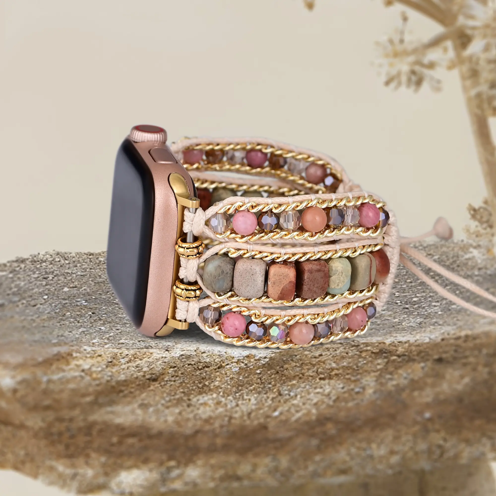 Women's Handmade Boho Beaded Smartwatch Strap - Natural Energy Crystal Accents, Colorful Wearable Accessories, Mom Thanksgiving Gifting Bangle Watch Straps, Father’s Day
