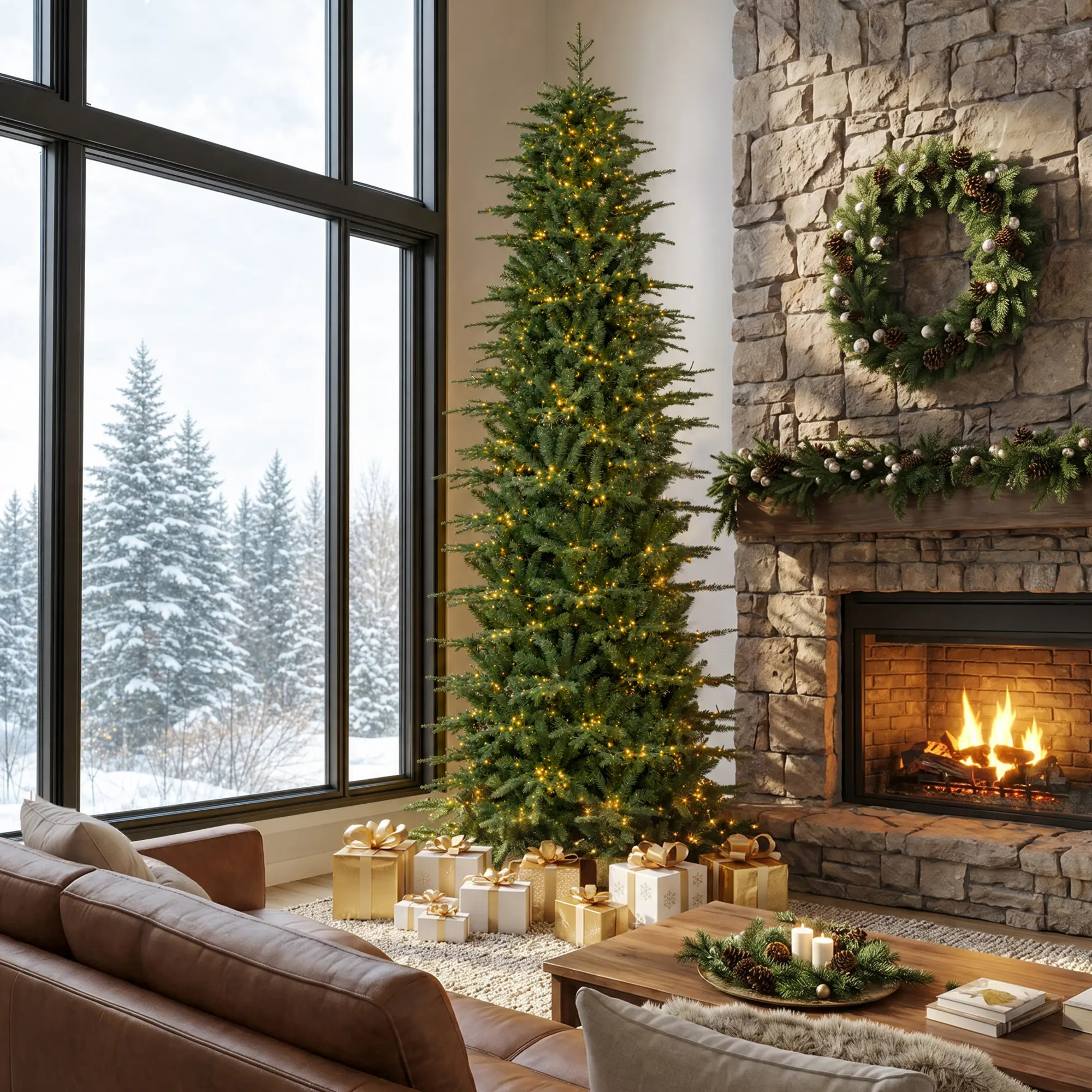 【Christmas in July】 Glitzhome 6ft/7.5ft/9ft/11ft Pre-Lit Green Slim Fir Artificial Christmas Tree with Warm White & Multi-Color Flashing LED Lights, 9 Function Foot Pedal Remote Control