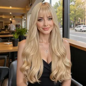 Blonde Wigs with Bangs for Women 24 Inches Long Curly Wavy Heat Resistant Synthetic Fiber Wigs for Daily Party Use