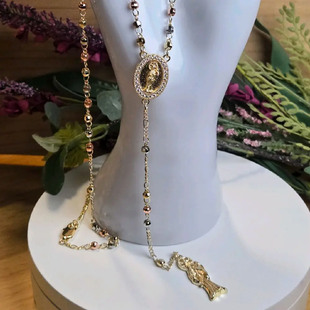 Santa Muerte 14k Gold-Plated Rosary, 18in Length, 3-Tone Beads