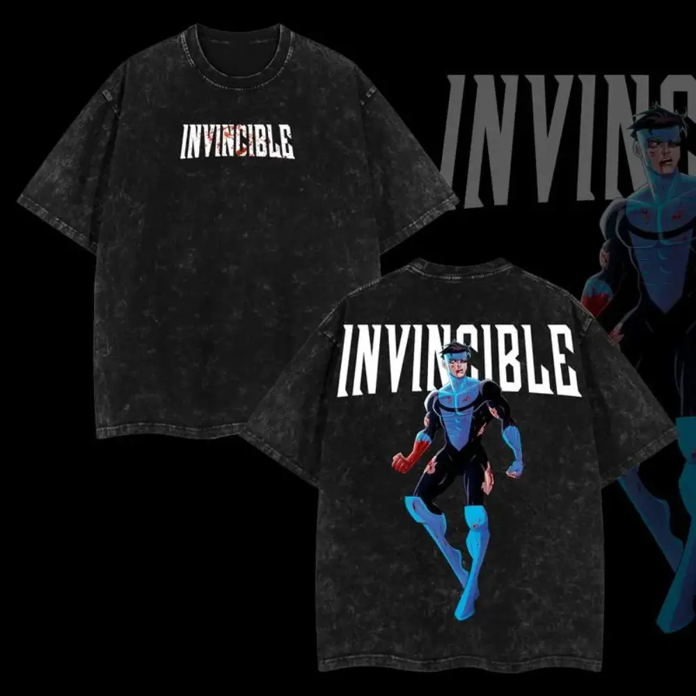 Men's Oversize Acid Washed Streetwear T-Shirt - Superstyle Limited, Blue Blood Mark Grayson Invincible War Comic Double Print, Casual Fashion Menswear Short Sleeve Lightweight TV Series Graphic Tee