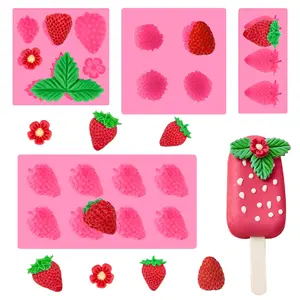 4 Pcs Strawberry Silicone Fondant Molds for Chocolate, 3D Fruit Shaped Molds for Shortcake Cupcake Decoration, Candles, Clay, Wax Making
