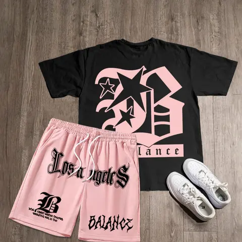Men's Letter Print Short Sleeve Tee & Shorts Two-piece Set, Casual Round Neck T-shirt & Track Shorts, Casual Summer Clothes Set for Outdoor, Shortsleeve Menswear, Streetwear Set, Casual Sports Set, Casual Matching Set