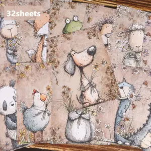 32sheets Vintage Meadow Flower Animals DIY Decoupage Paper, with Sheep, Dog, Monkey, for Junk Journals, Craft Albums, Scrapbooking Supplies, Scrapbook Materials, Notebook Covers, Handmade Waste Diary, Collage Decoration, Diary Accessories