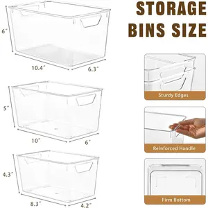 Classic Durable Organizer Storage Boxes - 6/12 Transparent Smooth Plastic Bins with Handles, 3 Sizes for Shelf, Kitchen Pantry Utensils Storage Organization