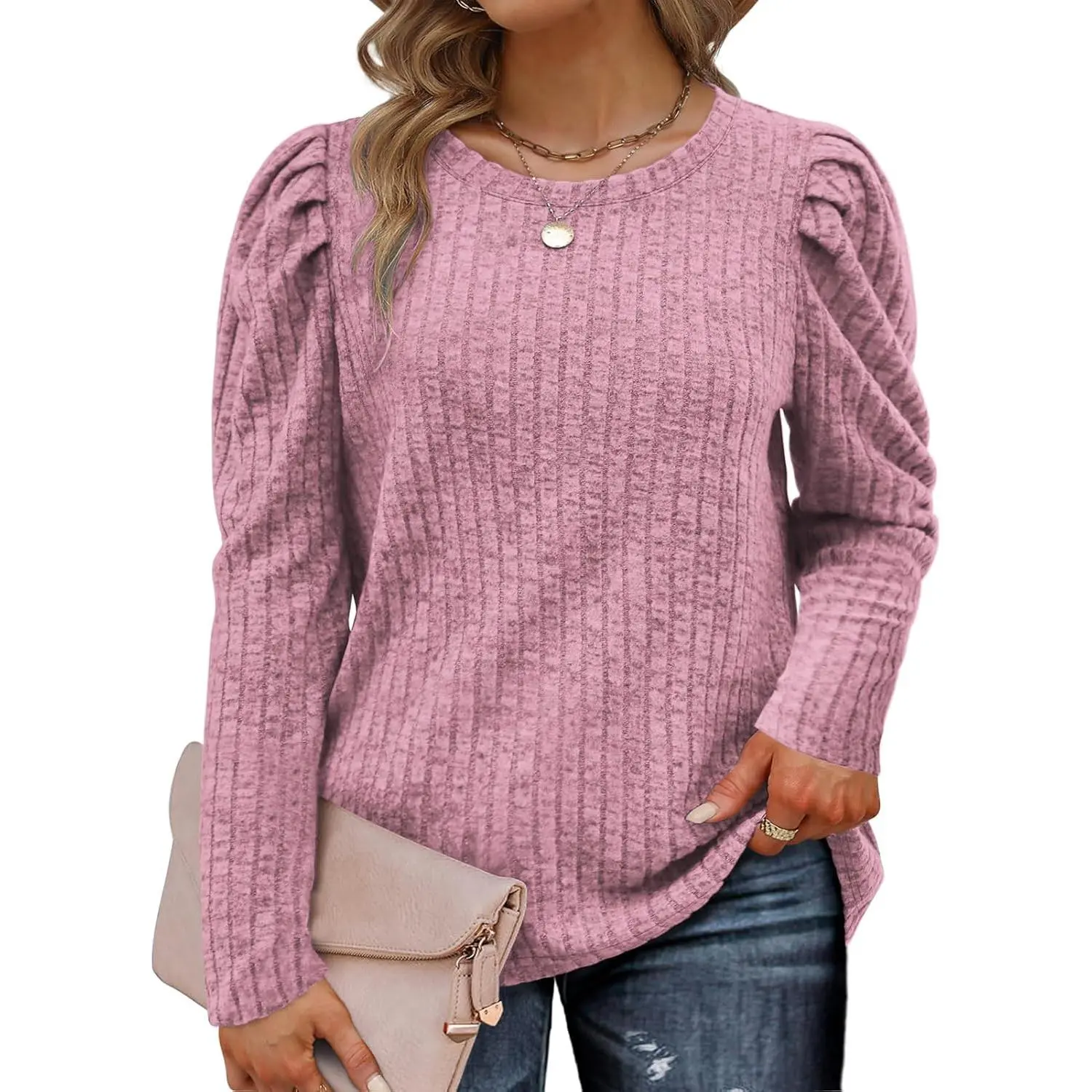 Women's Plus-Size Comfy Ribbed Knit Fabric Tunic Top - Crewneck, Puff Long Sleeves, Elegant Pullover, Dressy for Matching Coats, Size XL-5XL RPS2124, Knitwear, Lady, Striped, Stretchy
