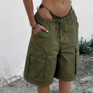 Women Y2K Elastic Drawstring Waist Cargo Bermuda Shorts, Multi Button Flap Side Pocket Loose Baggy Knee Length Utility Short Pants, Lightweight Casual Oversized Cargo Shorts for Summer Beach Vacation