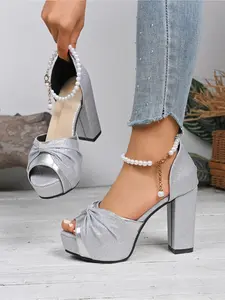 Women's Peep Toe High Heel Glitter Decorated Sandals Summer Comfort Platform Chunky Heels with Bowknot Ankle Strap Fashion Dressy Casual Elegant Waterproof Walking Shoes