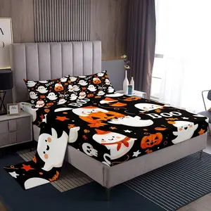 Halloween Fitted Sheet Cartoon Pumpkin Lantern Ghost Bedding Set,Decoration Orange Black Sheets Set,Happy Halloween Bed Sheet Set Collection