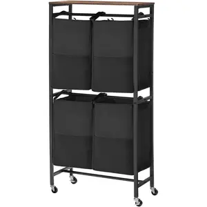 HOOBRO Rolling Laundry Sorter 4 Sections, 2 Tier Vertical Laundry Hamper with Wheels, 52 Gal (198L), Laundry Baskets for Laundry Room, Bedroom, Bathroom, Cloakroom, Rustic Brown and Black BF71XY01