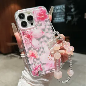 Flower Design Beaded Lanyard Cover Tpu Phone Case, Anti-Drop Thickened for iPhone 11/12/13/14/15/16/7/8/x/XS Max/XR, Valentine's Gift