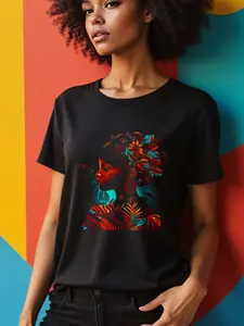 African-Attire-Art-Abstract-African-Queen--Painting-T-Shirt Crewneck Black Top Womenswear
